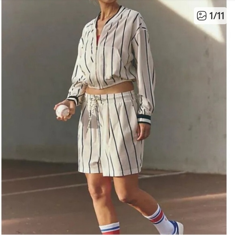 Free People Cream and Black Striped Drawstring Shorts